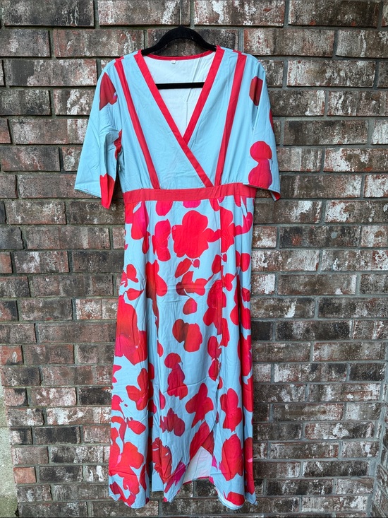 Dresses & Skirts - Blue Dress with Bold Red Floral Print
